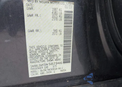 2013 Nissan Altima 3.5S/3.5Sv/3.5Sl from USA, damaged, VIN 1N4BL3AP2DN507946